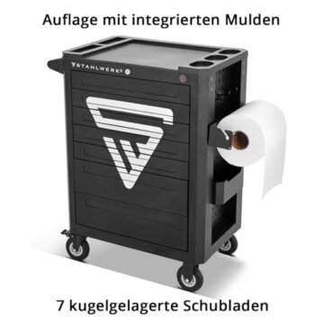 STAHLWERK Werkstattwagen SHARK bestückt mit 235 Premium-Werkzeugen aus Chrom-Vanadium abschließbarer Werkzeugwagen | Profi Montagewagen mit 7 Schubladen und gummierten Long-Life-Rollen - 7