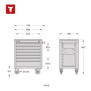 STIER Werkstattwagen, unbestückt - leer, Werkzeugwagen, Montagewagen, mit kugelgelagerten Schubladenschienen, 7 Schubladen, Traglast je Schublade 35kg, Max. Belastung 300kg, Vollgummibereifung - 3