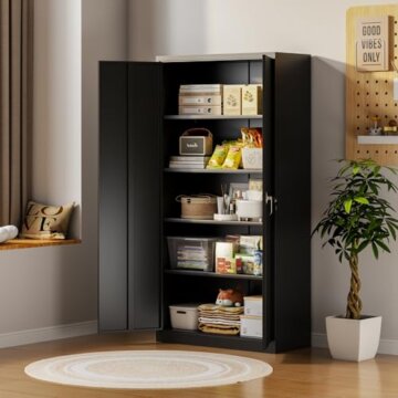 SUPEER Aktenschrank,Metallschrank mit 4 höhenverstellbaren Fachböden,Stahlblech Pulverbeschichtung,Stahlschrank für Werkzeuge,Garage180 x 80 x 40 cm(schwarz) - 2