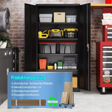 SUPEER Aktenschrank,Metallschrank mit 4 höhenverstellbaren Fachböden,Stahlblech Pulverbeschichtung,Stahlschrank für Werkzeuge,Garage180 x 80 x 40 cm(schwarz) - 4