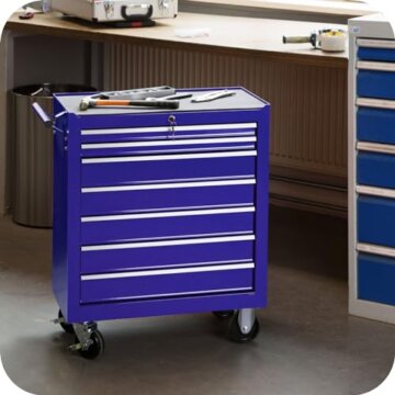 tectake Werkzeugwagen, Werkstattwagen, rollende Werkstatt, Werkzeugwagen leer, Werkzeugbox, 7 Schubfächer, 69 x 33 x 79 cm, Rollen mit Bremsen, inkl. 2 Schlüssel - blau - 2