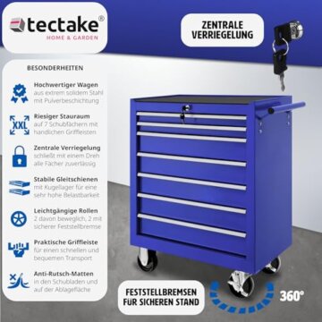 tectake Werkzeugwagen, Werkstattwagen, rollende Werkstatt, Werkzeugwagen leer, Werkzeugbox, 7 Schubfächer, 69 x 33 x 79 cm, Rollen mit Bremsen, inkl. 2 Schlüssel - blau - 4