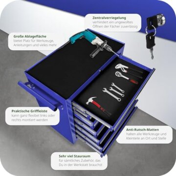 tectake Werkzeugwagen, Werkstattwagen, rollende Werkstatt, Werkzeugwagen leer, Werkzeugbox, 7 Schubfächer, 69 x 33 x 79 cm, Rollen mit Bremsen, inkl. 2 Schlüssel - blau - 5