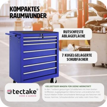 tectake Werkzeugwagen, Werkstattwagen, rollende Werkstatt, Werkzeugwagen leer, Werkzeugbox, 7 Schubfächer, 69 x 33 x 79 cm, Rollen mit Bremsen, inkl. 2 Schlüssel - blau - 7