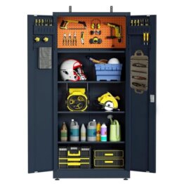 VCGGAIP Werkzeugschrank mit 2 Türen und 4 verstellbaren Regalen Aufbewahrungsschränke Garagenschränke abschließbar Metallschrank für Büro, Zuhause, Garage (Dunkelgrau) - 1