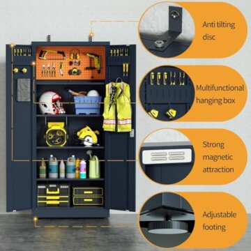VCGGAIP Werkzeugschrank mit 2 Türen und 4 verstellbaren Regalen Aufbewahrungsschränke Garagenschränke abschließbar Metallschrank für Büro, Zuhause, Garage (Dunkelgrau) - 4