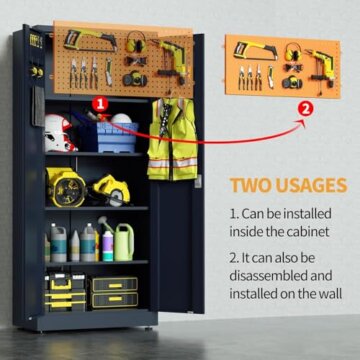 VCGGAIP Werkzeugschrank mit 2 Türen und 4 verstellbaren Regalen Aufbewahrungsschränke Garagenschränke abschließbar Metallschrank für Büro, Zuhause, Garage (Dunkelgrau) - 6