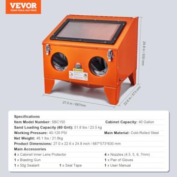 VEVOR 40-Gallonen-Sandstrahlkabine, 40–120 PSI tragbare Tisch-Sandstrahlkabine, robuster Sandstrahler aus Stahl mit Strahlpistole und 4 Keramikdüsen für die Entfernung von Farbe, Flecken und Rost - 7