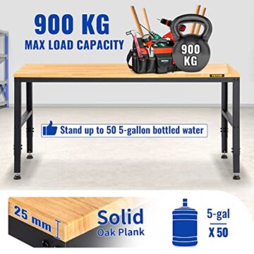 VEVOR Höhenverstellbare Werkbank 122 x 61 x 72-97 cm Spanntisch, 900 kg Gewichtskapazität Arbeitstisch, Braun Klappbare Werkzeugbank aus Kaltgewalzter Stahl, Multifunktionswerktisch für Werkstatt - 5