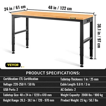 VEVOR Höhenverstellbare Werkbank 122 x 61 x 72-97 cm Spanntisch, 900 kg Gewichtskapazität Arbeitstisch, Braun Klappbare Werkzeugbank aus Kaltgewalzter Stahl, Multifunktionswerktisch für Werkstatt - 7