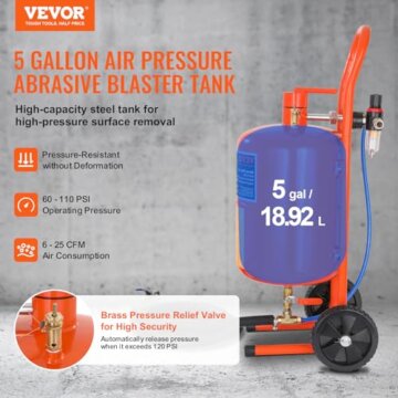 VEVOR Mobiles Sandstrahlgerät 18,92 L Sandstrahlanlage 243,84 cm ArbeitsschlauchSandstrahler 60–110 PSI Arbeitsdruck ideal zum Entfernen von Rost, Farbe, Flecken und das Polieren großer Flächen - 2