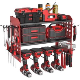 Yeabett 3 Ebenen Werkzeug Wandhalterung, Werkzeugspeicher Aufbewahrung für 4 Elektrowerkzeug, Werkzeug Wandhalterung für Garage, Werkstatt, 42.5 * 20 * 31cm (Rot) - 1